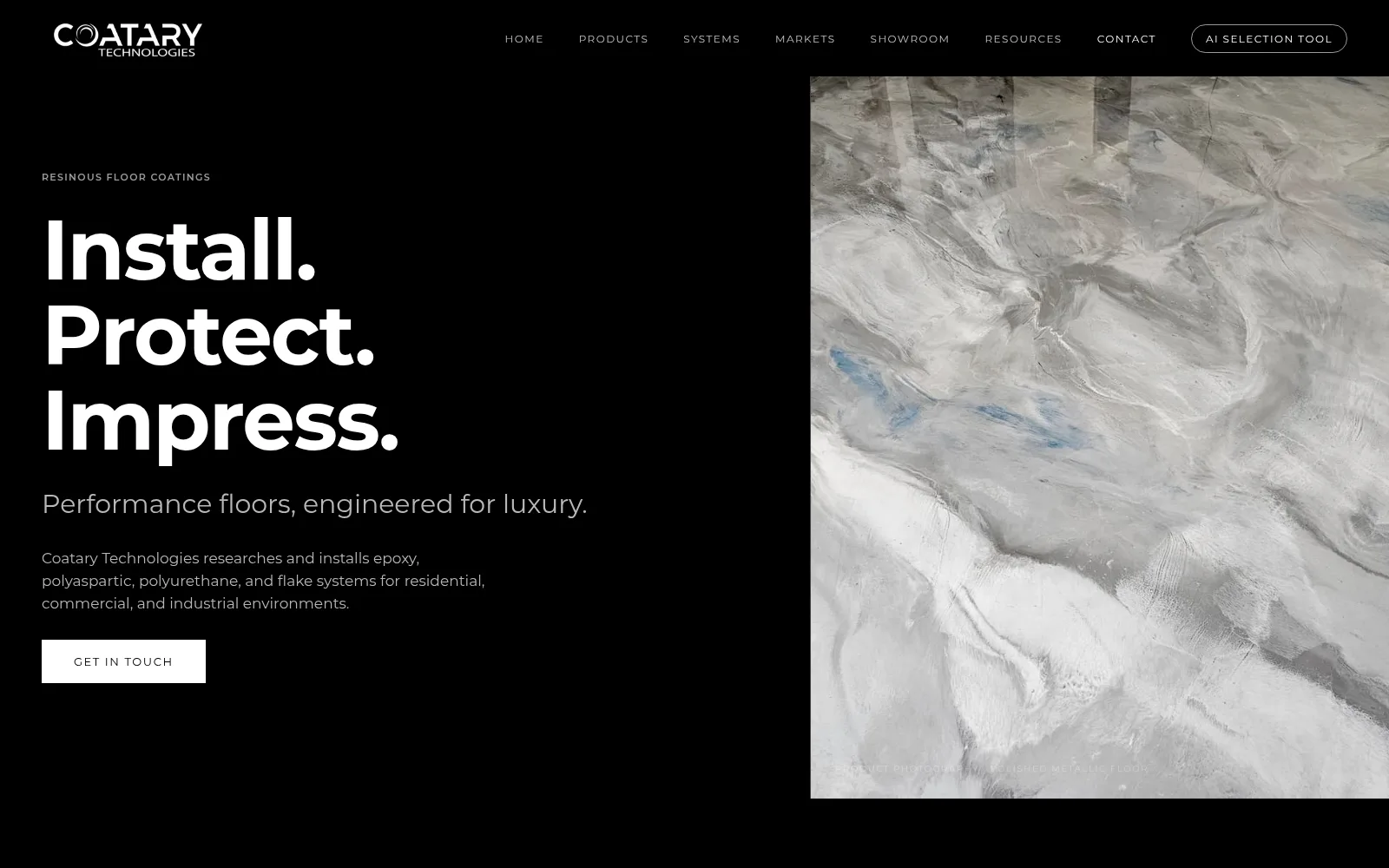 Coatary homepage, with the line Install. Protect. Impress. Performance floors, engineered for luxury. over a metallic floor.