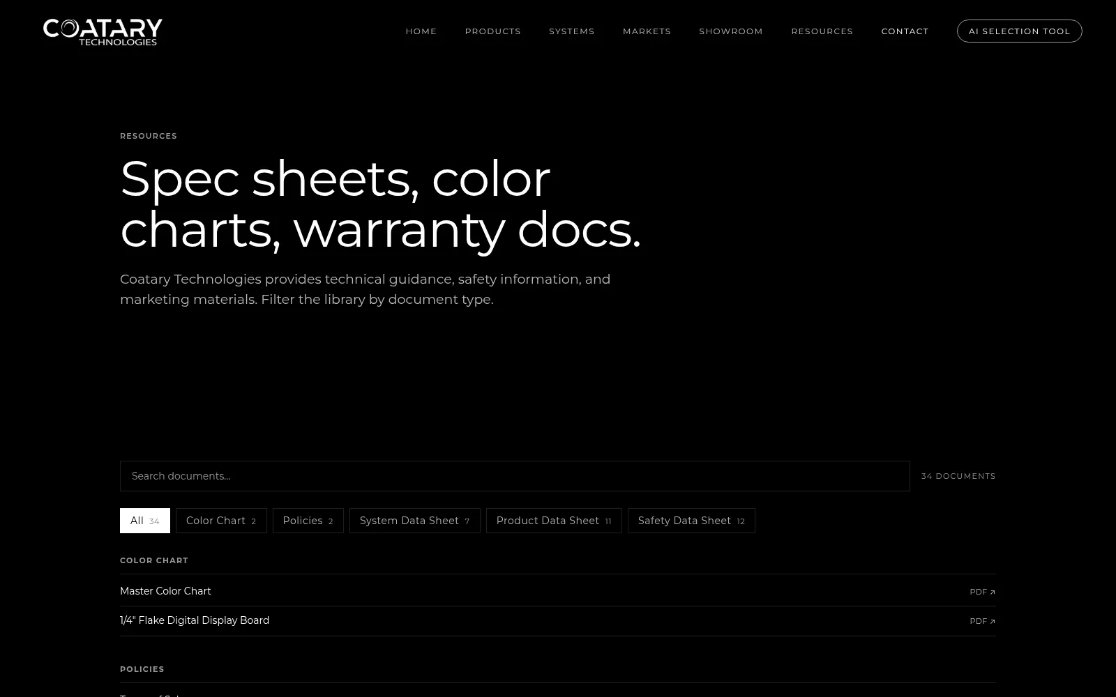 Coatary resources library with 34 documents and filters for color charts, policies, and data sheets.