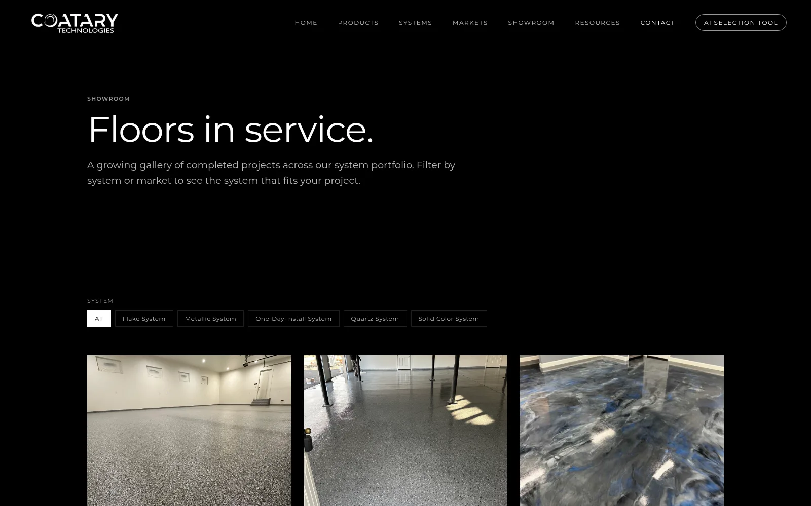 Coatary showroom of finished floors, with filters for flake, metallic, one-day install, quartz, and solid color.