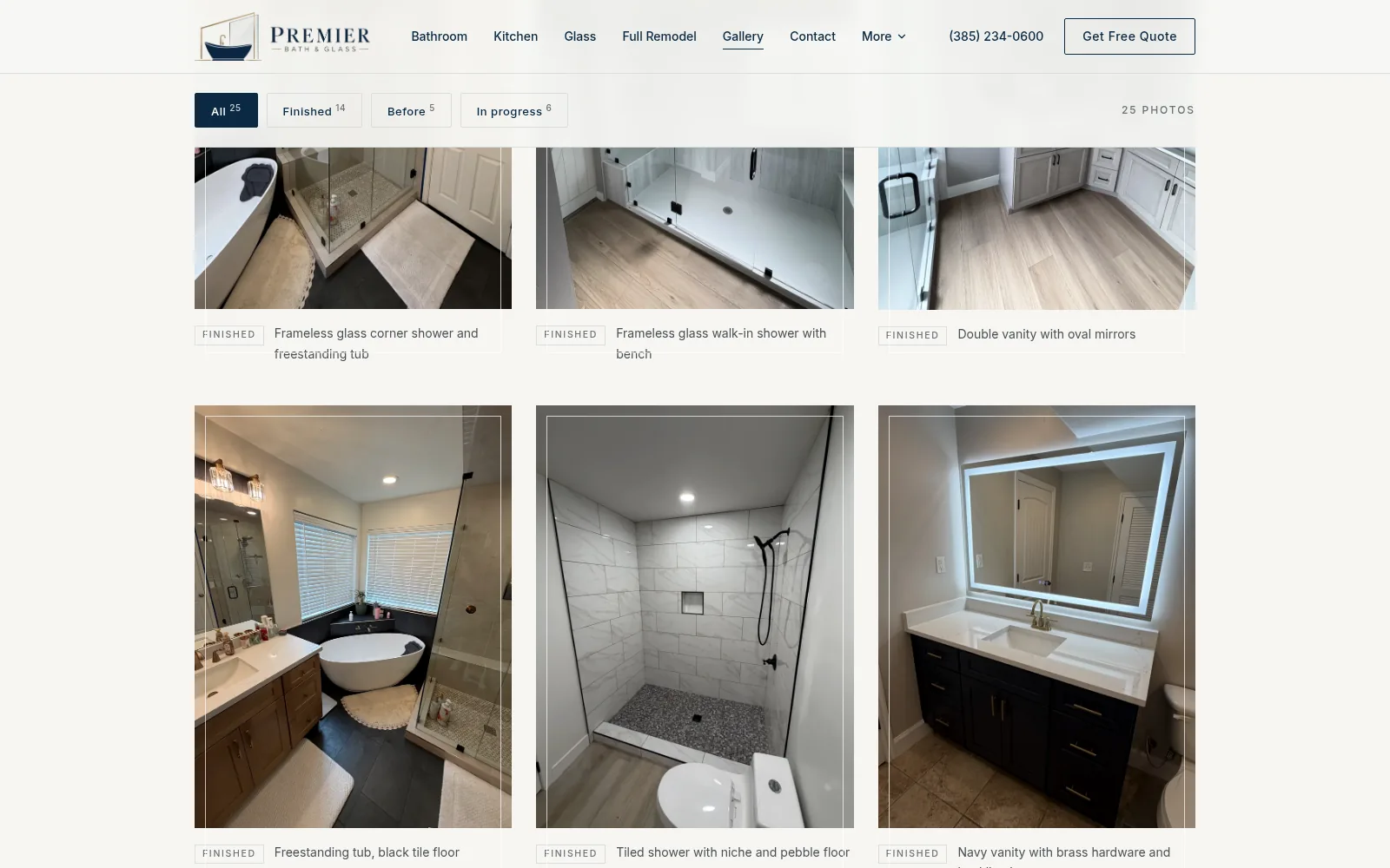 Premier Bath and Glass gallery of finished remodel photos, including frameless glass showers and vanities.