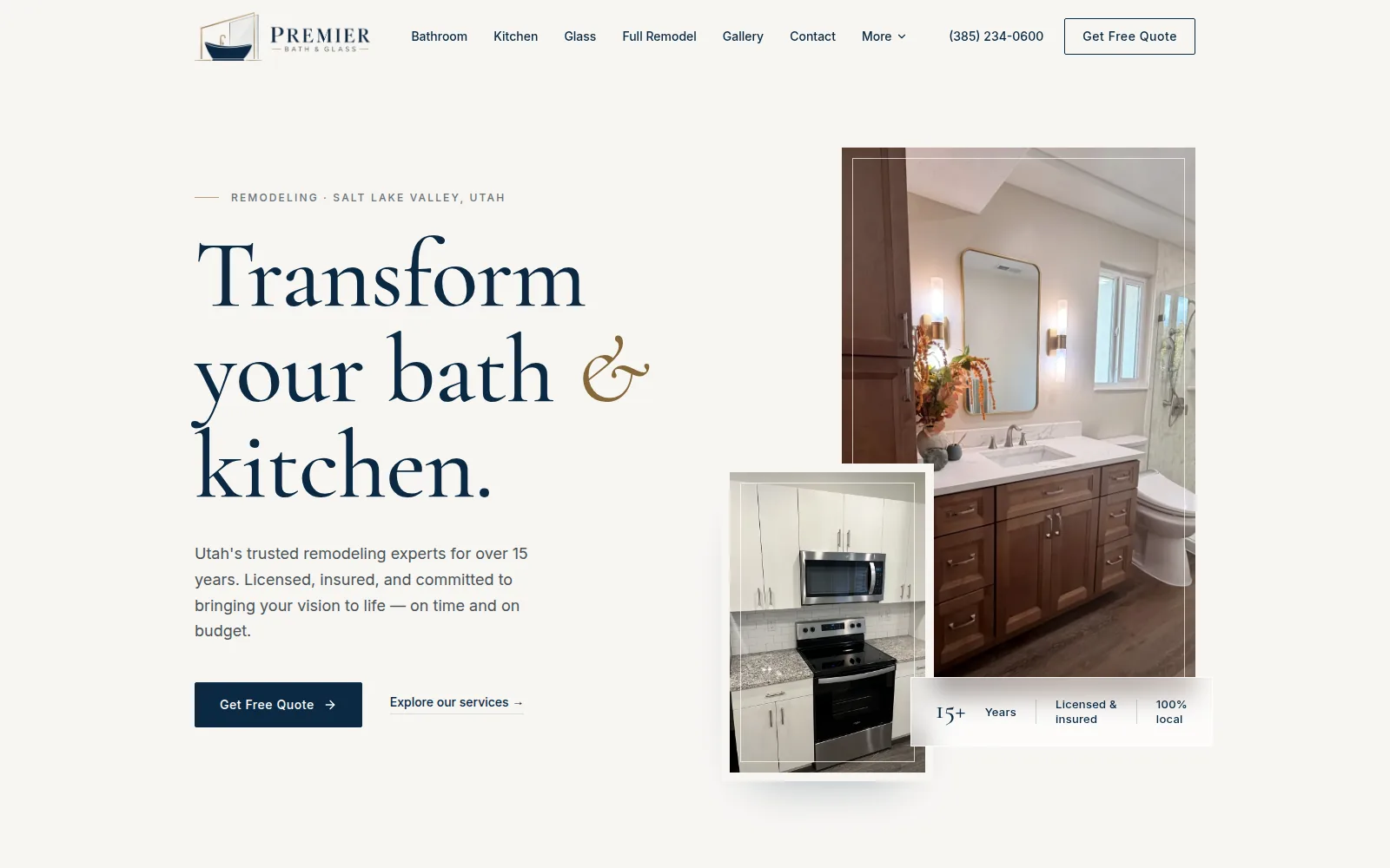 Premier Bath and Glass homepage, with the headline Transform your bath and kitchen and a Get Free Quote button.