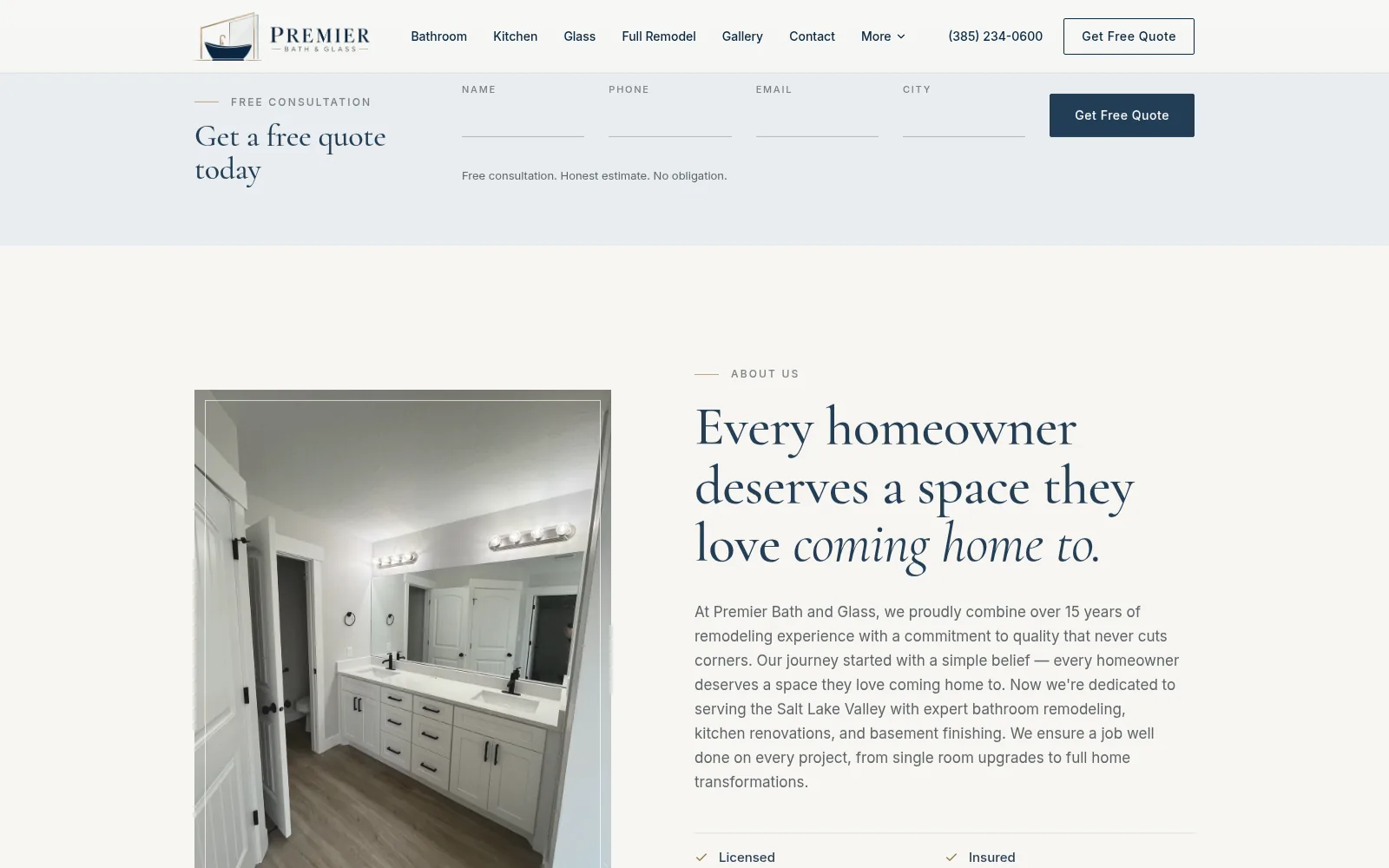 Free quote form on the Premier Bath and Glass homepage, with fields for name, phone, email, and city.
