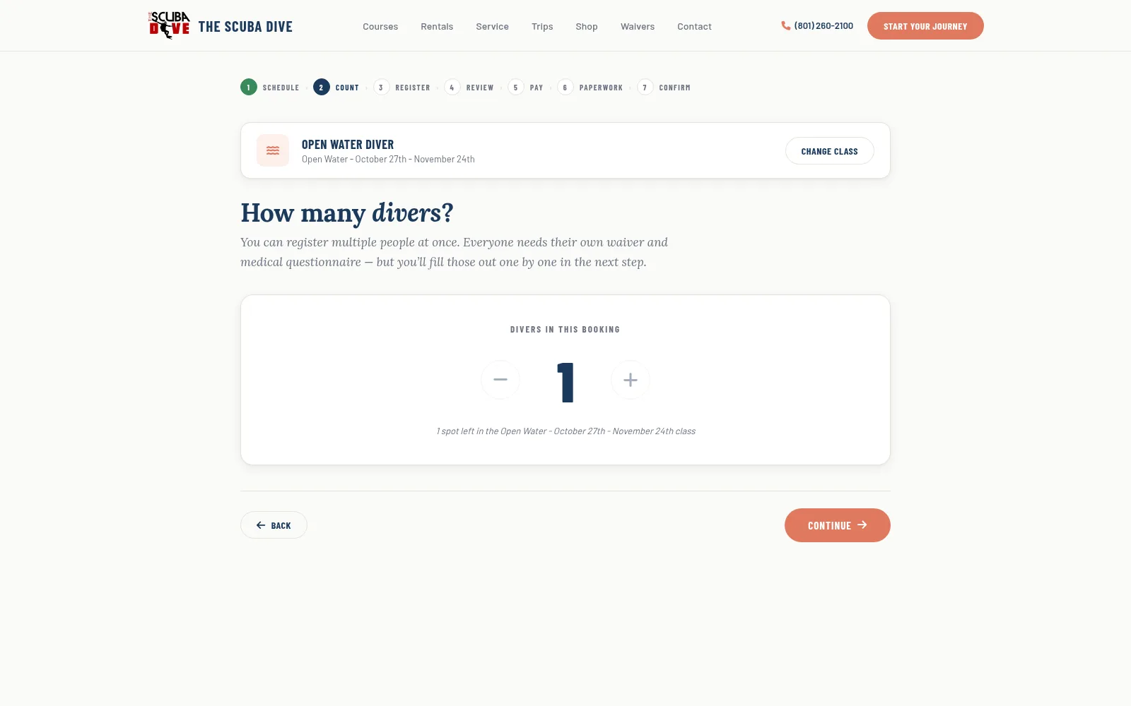 Booking on scubadiveriverton.com at the step that asks how many divers are coming, with the flow from Schedule through Confirm.