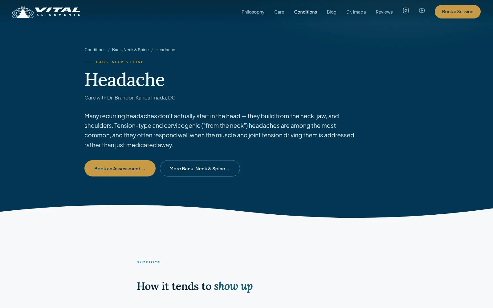 Headache condition guide on vitalalignments.com, with a plain-language introduction and a button to book an assessment.