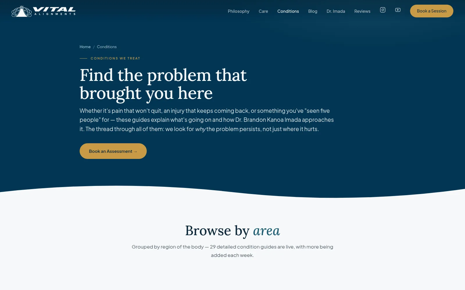 Vital Alignments conditions library, grouped by area of the body, with 29 guides live.