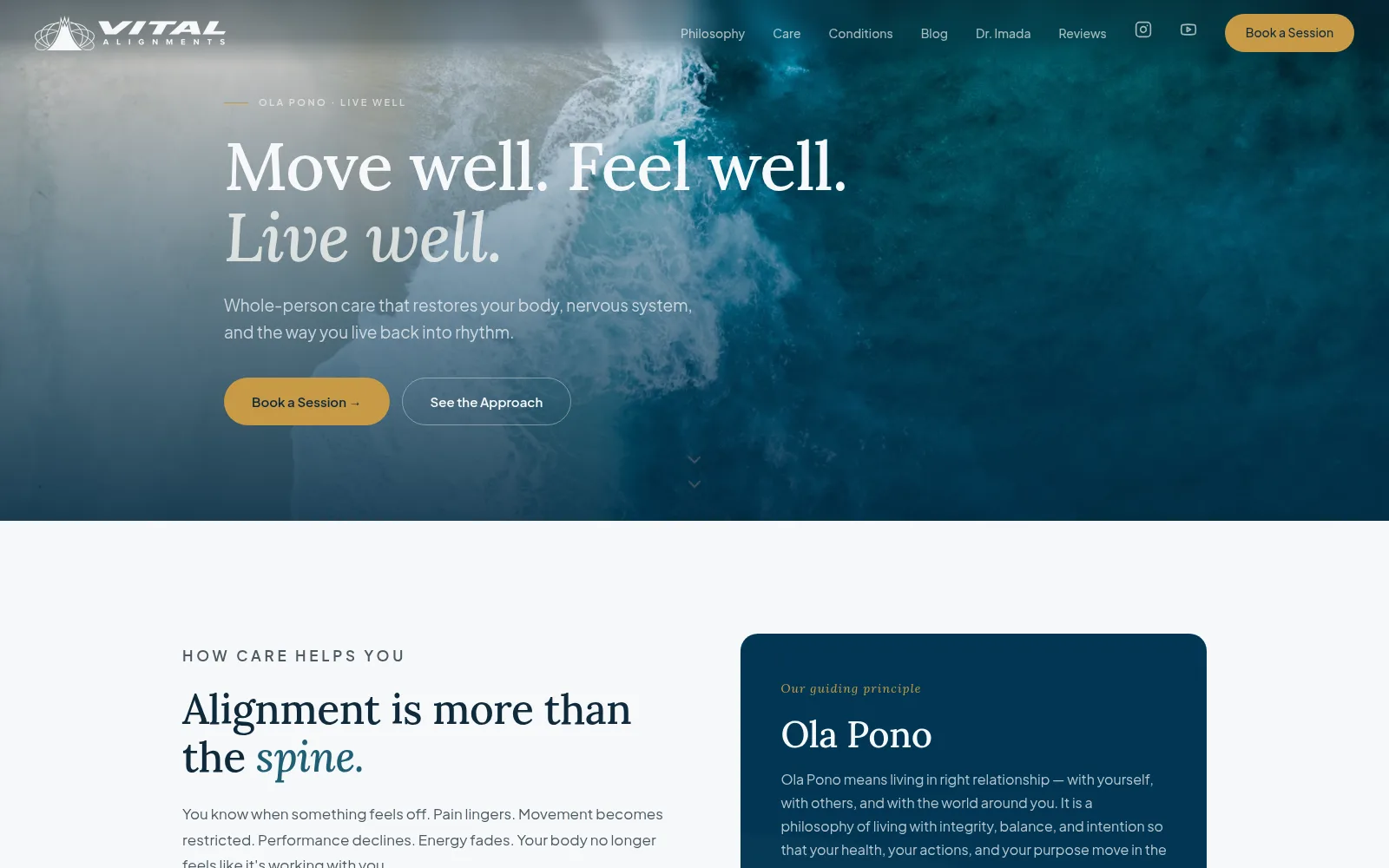 Vital Alignments homepage, with the line Move well. Feel well. Live well. and buttons to book a session or see the approach.
